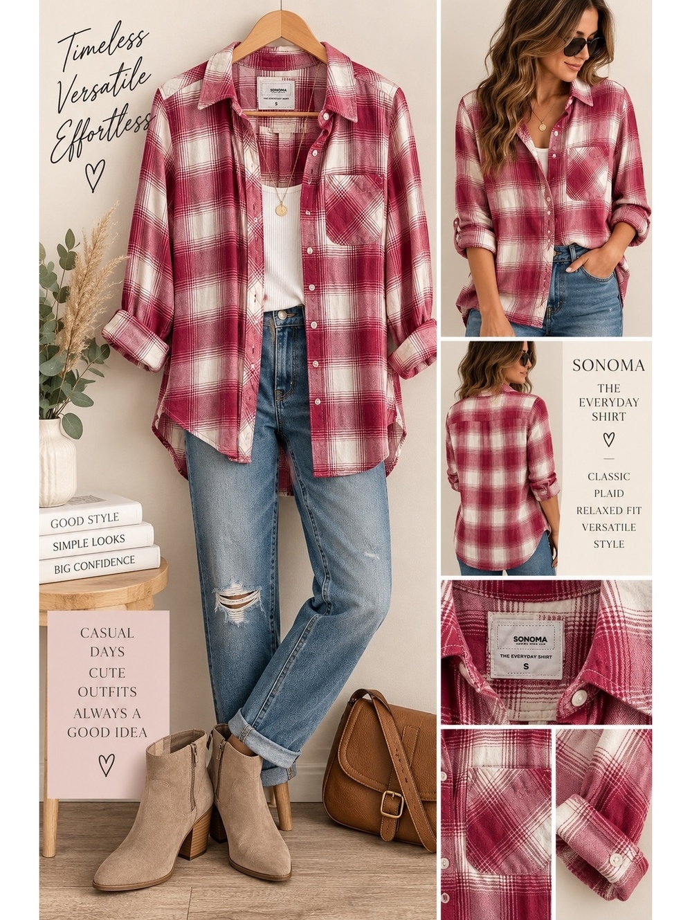 Sonoma The Everyday Shirt Red and White Plaid Button-Up Shirt Size S